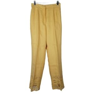 JSong Linen Eyelet Hem Full Length Pants Size 10 Fully Lined Yellow Pockets Zip